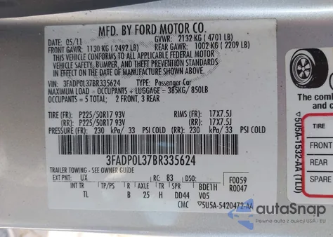 2011 Ford Fusion Hybrid z USA, uszkodzony, nr VIN 3FADP0L37BR335624